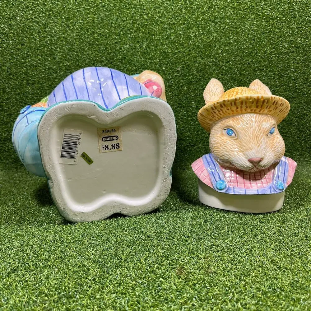 Vintage 90s Hand Painted Ceramic Farmer Rabbit Cookie Jar